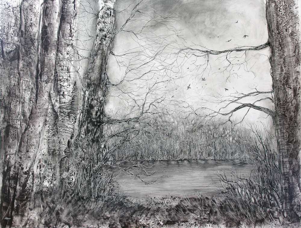 Peace In The Middle Of Ambergate Woods, 46cm x 60cm, monotype, ink and graphite on clay panel