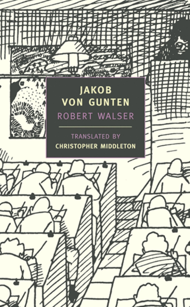Cover of a book that is off white with line drawings of people sitting in pews and the title "Jacob Von Gunten" in a black box center top of cover. 