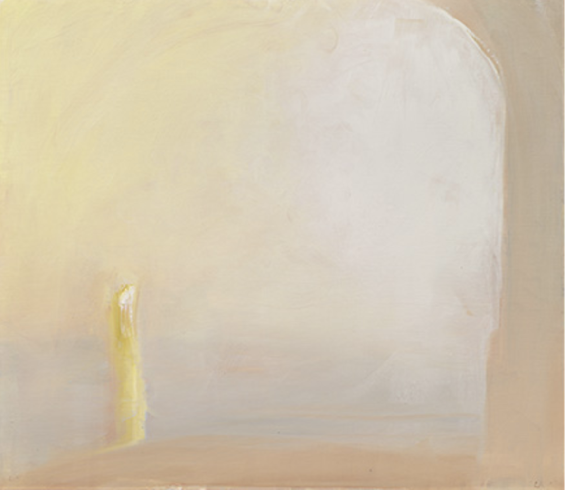 Simple painting that is pale yellow and white with a yellow candle in the bottom, left corner.