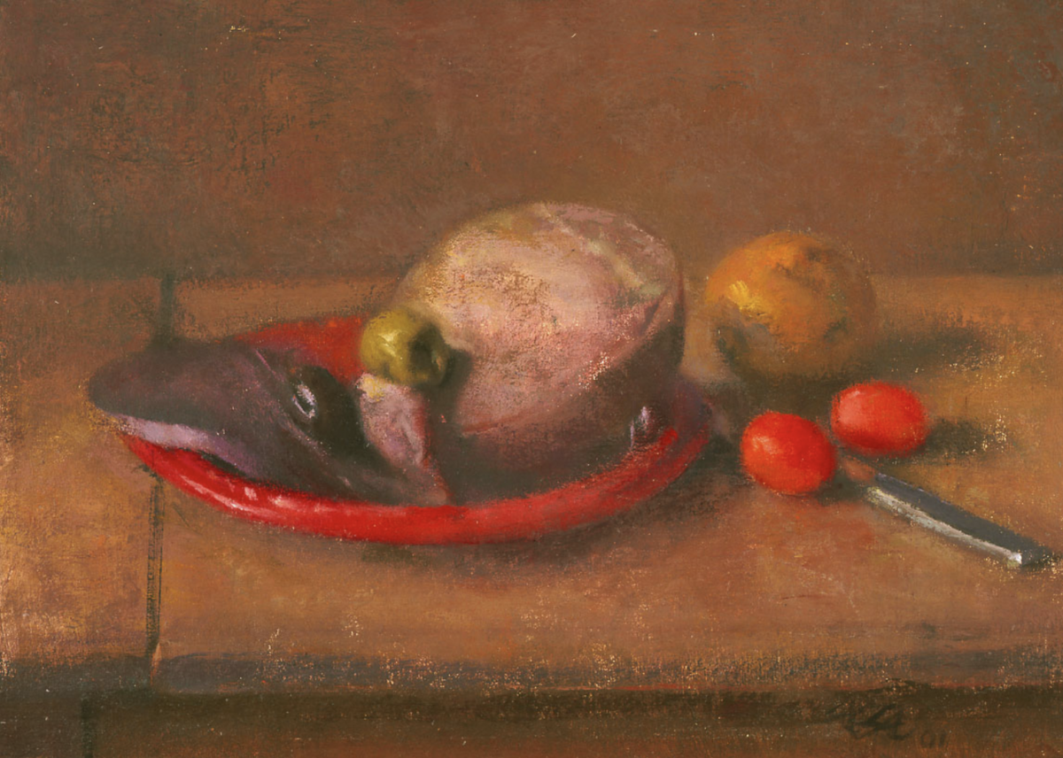 still life painting of salami, olives on a red plate with knife, potato and two tomatos