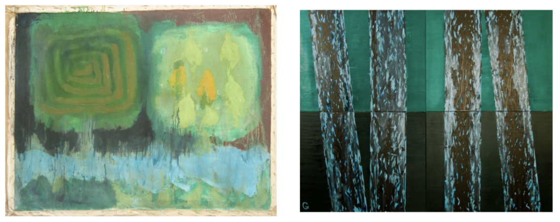 Painting of green, blue, and brown abstract shapes on the left, contrasted to painting of blue and brown vertical birch tree trunks on the right.