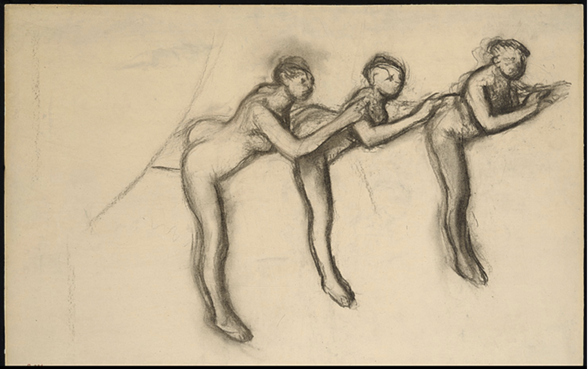 Three nude dancers drawn in charcoal on toned paper, standing in line, bending at the waist, with heads tilted standing on one foot with arms outstretched.