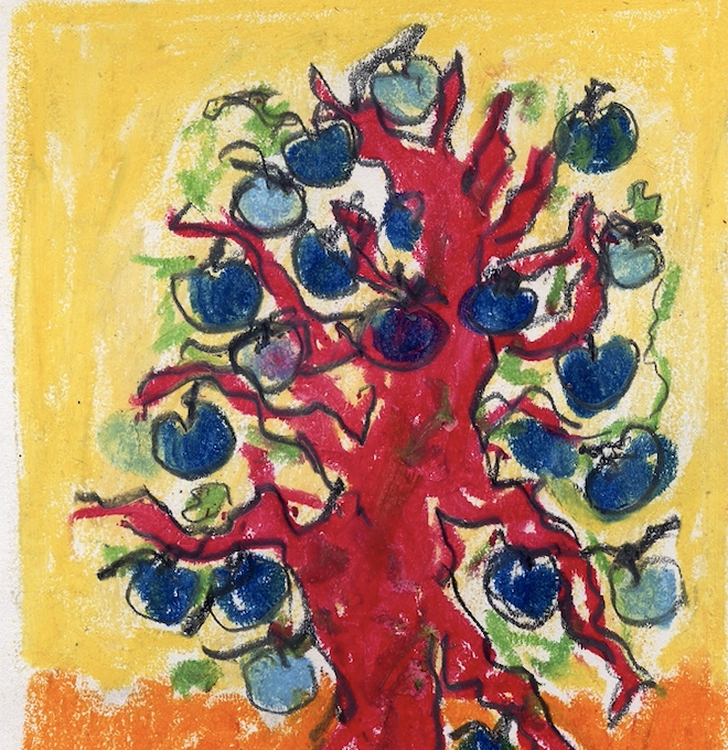 colorful, expressionistic painting of a tree with bright red trunk and thick red branches with dark and light blue fruit, green leaves, yellow sky and orange grond