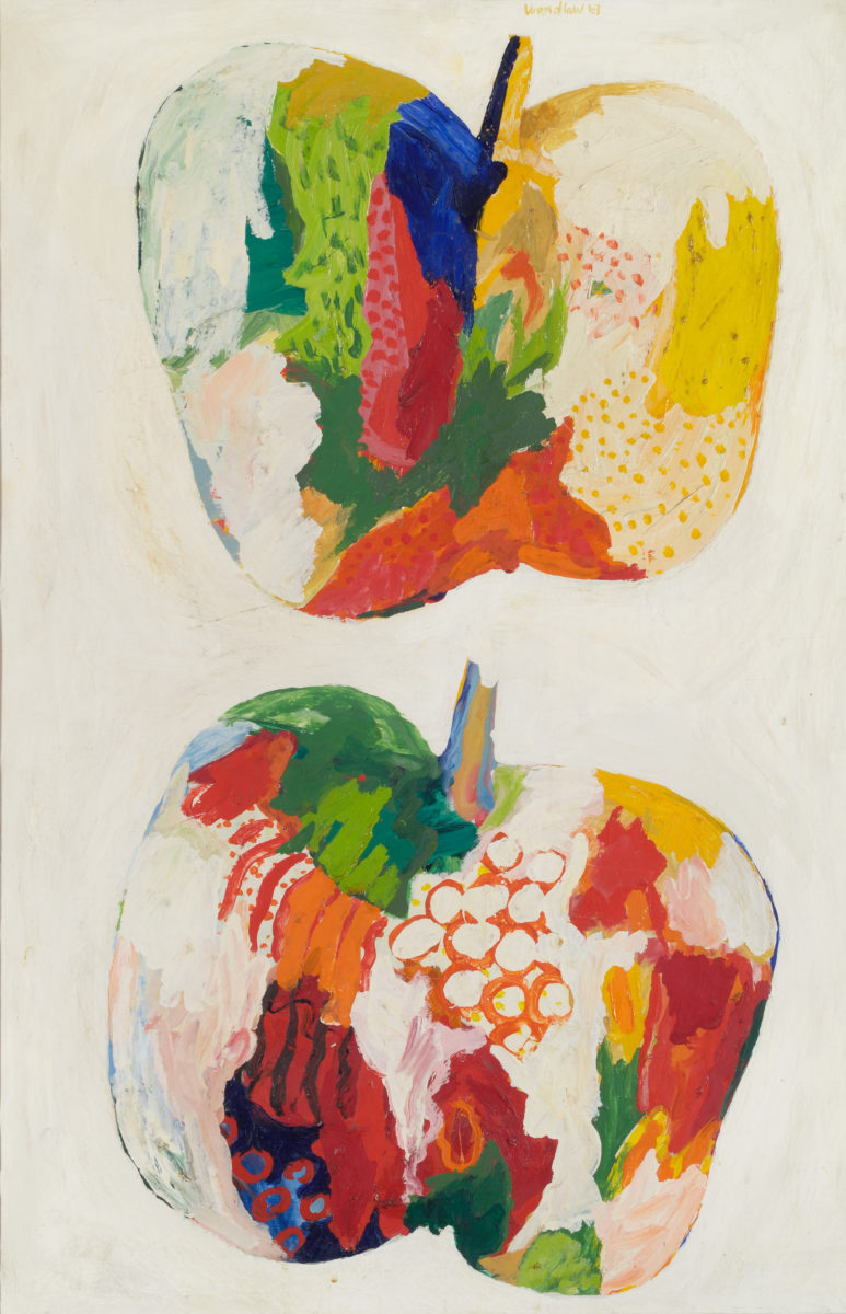 painting of two large abstracted apples composed vertically, one above the other, rendered with abstract colors and shapes including orange and green and blue solid shapes, patterns of orange circles and lines