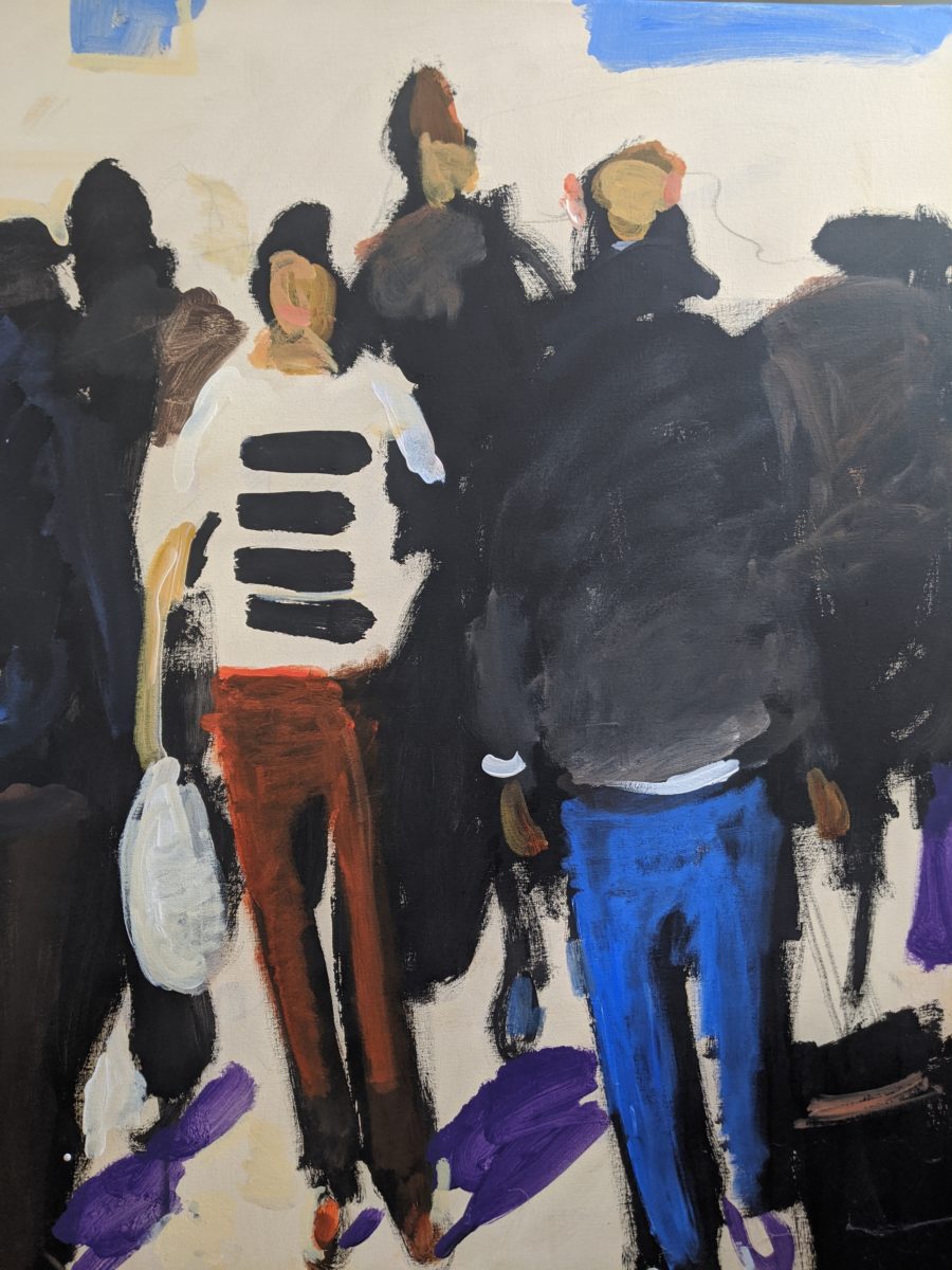 An unfinished, semi-abstract street scene with bold and simple shapes by Serge Hollerbach done in acrylic. In all, there are six figures. The figure just left of center is the most distinct. He faces the viewer, carries a white bag, and is wearing red pants and a black-and-white striped shirt. The shirts’ stripes are represented by four bold black lines. He is faceless, though there is a touch of orangey-pink paint on the bottom third of his face suggestive of lips. The other figures are sketched in with masses of dark paint and somewhat blend together. They have their backs to the viewer. One figure pulls a rolling suitcase. There are a few horizontal brushstrokes of blue at the top of the canvas to represent the sky.